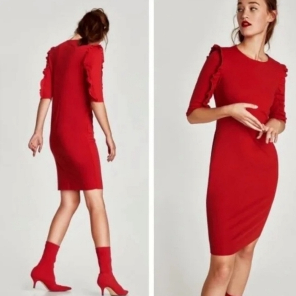ZARA Elegant Red Body Con Dress with Ruffle Sleeves- size L